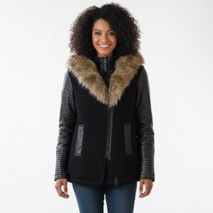 Rudsak Women's Black Jacket with Hooded Brown Fur Leather Sleeves Classy Elegant